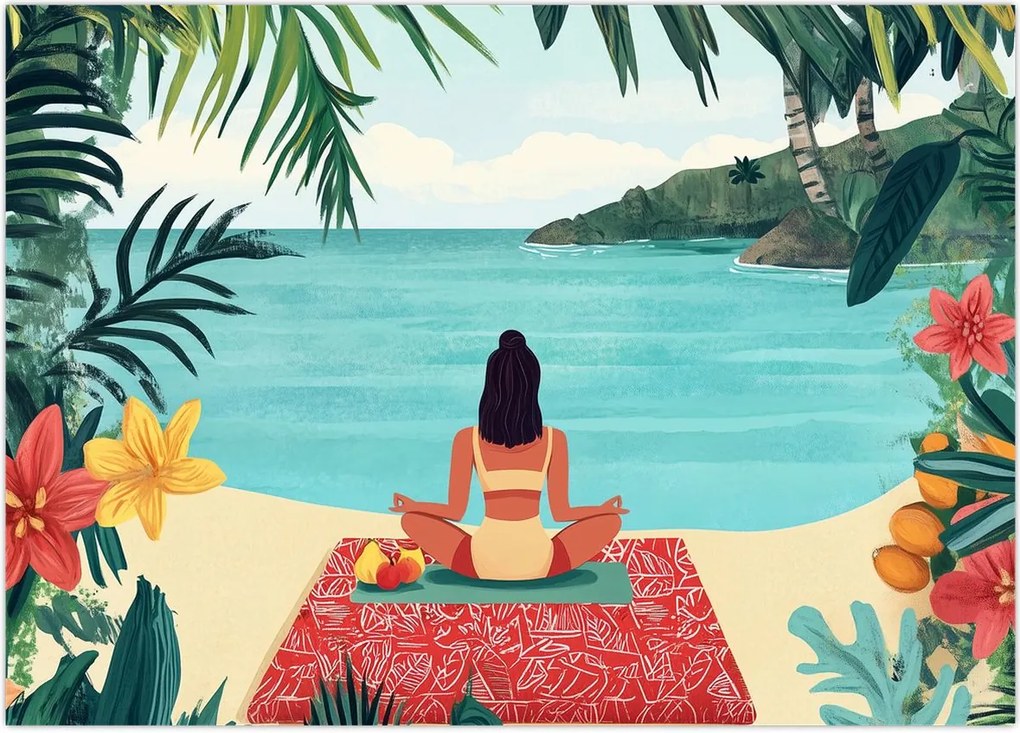 Tablou pe sticlă - Yoghiniță pe plajă (70x50 cm)