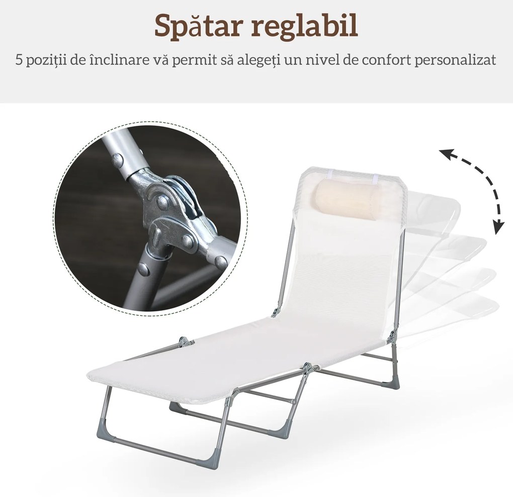 Outsunny Șezlong Pliabil cu Spătar Reglabil pe 5 Nivele și Pernă, Șezlong de Grădină cu Material Texteline, pentru Plajă, Piscină, Grădină, 182x56x28 cm, Crem | Aosom Romania