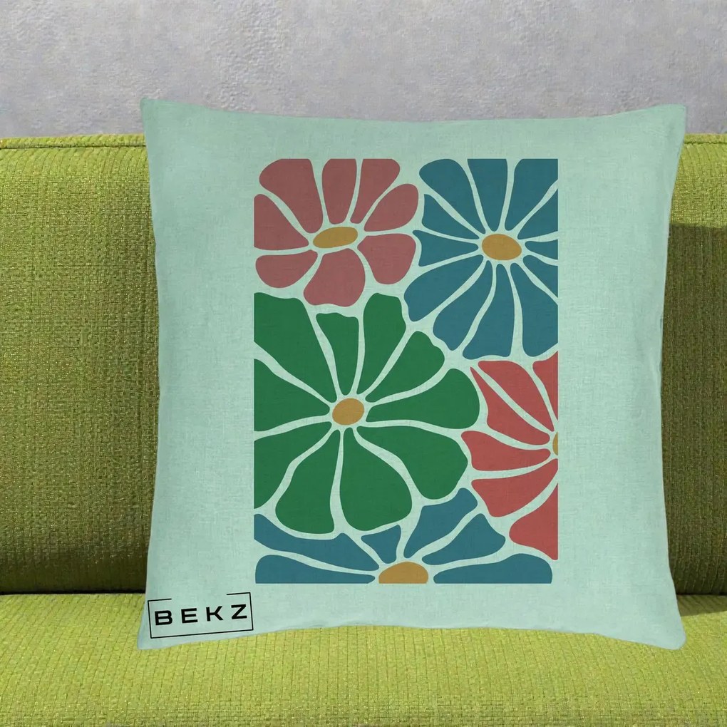 Perna Decorativa Flori Grafice Verde-Roz-Albastru, 40x40 cm, Verde Menta, Husa Detasabila, Perna Inclusa, BEKZ®