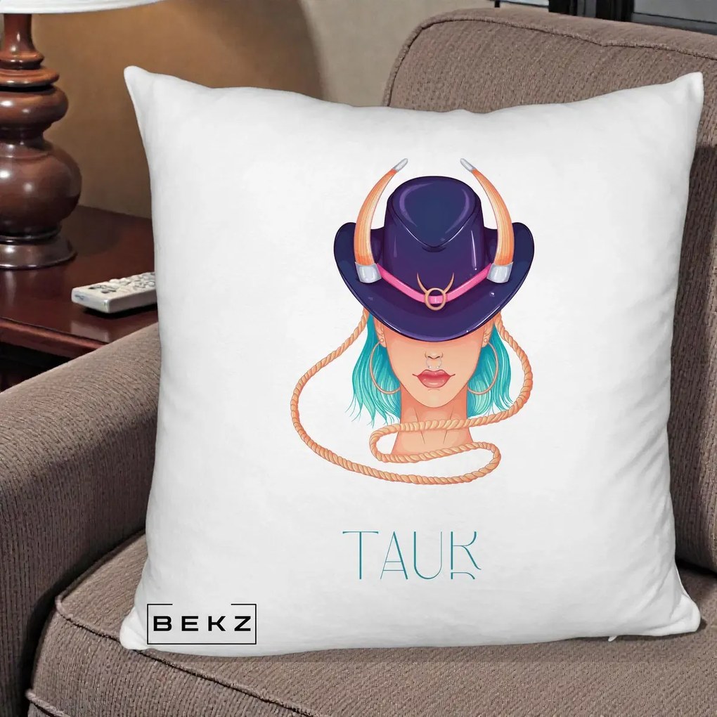 Perna Personalizata Zodie Taur, 40x40 cm, Alb Pufos, Husa Detasabila, Perna Inclusa, BEKZ®