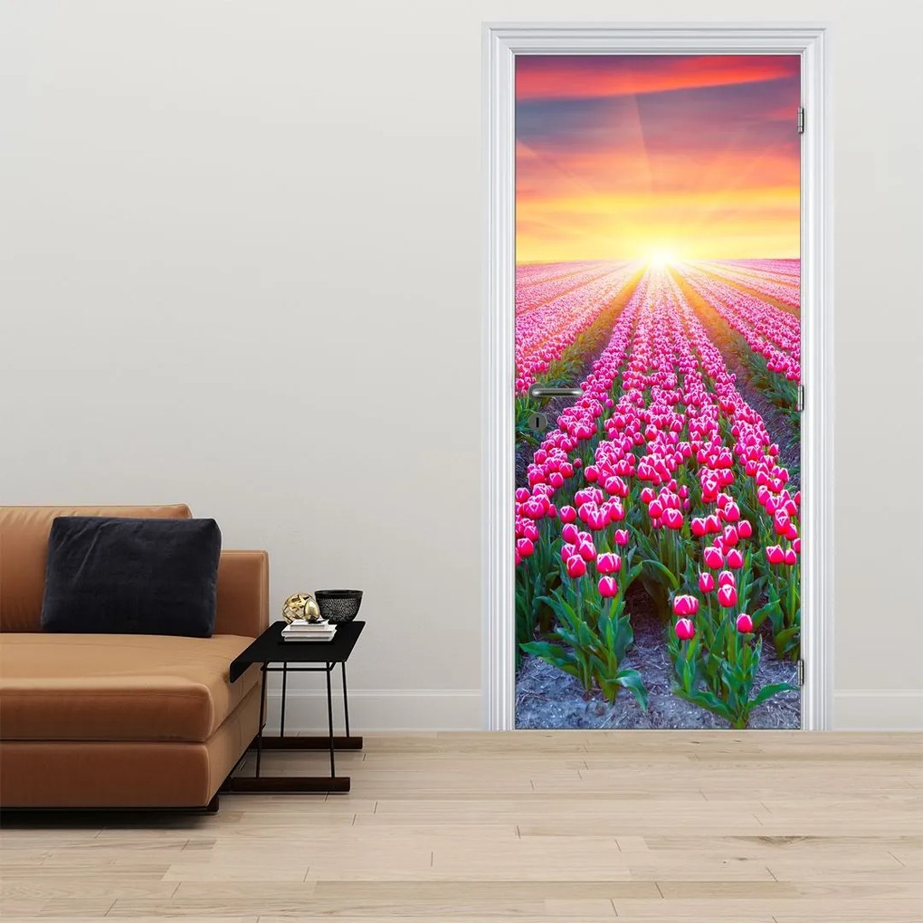 Fototapet pentru ușă - Câmp cu lalele și soare (95x205cm)