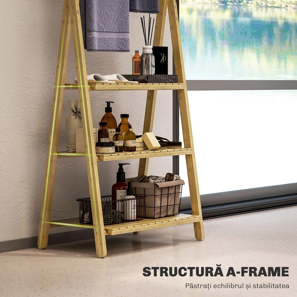 HOMCOM Raft Baie Pliabil pentru Prosoape cu 3 Rafturi și 3 Bare, 53,5x30x153 cm, Lemn Natural | Aosom Romania
