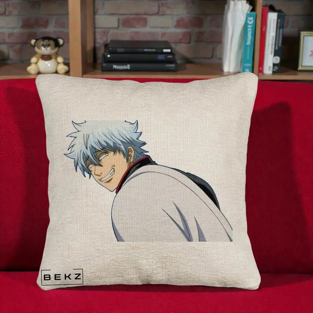 Perna Personalizata Gintama Gintoki Portret cu Zambet, 40x40 cm, Bej Canapea, Husa Detasabila, Perna Inclusa, BEKZ®