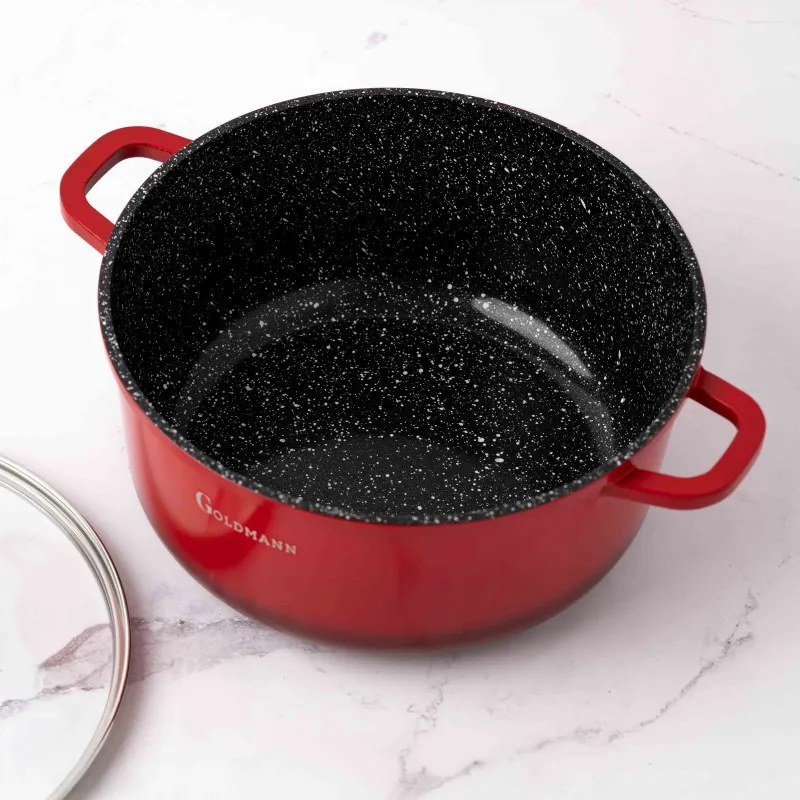 Cratita Goldmann GM-7324R, 4,5 l, 24 cm, Acoperire neaderenta ă din marmura, Capac sticla, Inductie, Rosu
