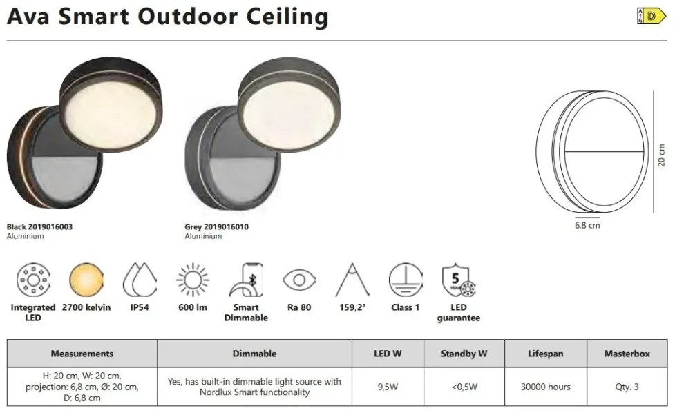 Aplica LED perete/ tavan exterior cu protectie IP54 Ava Smart Grey