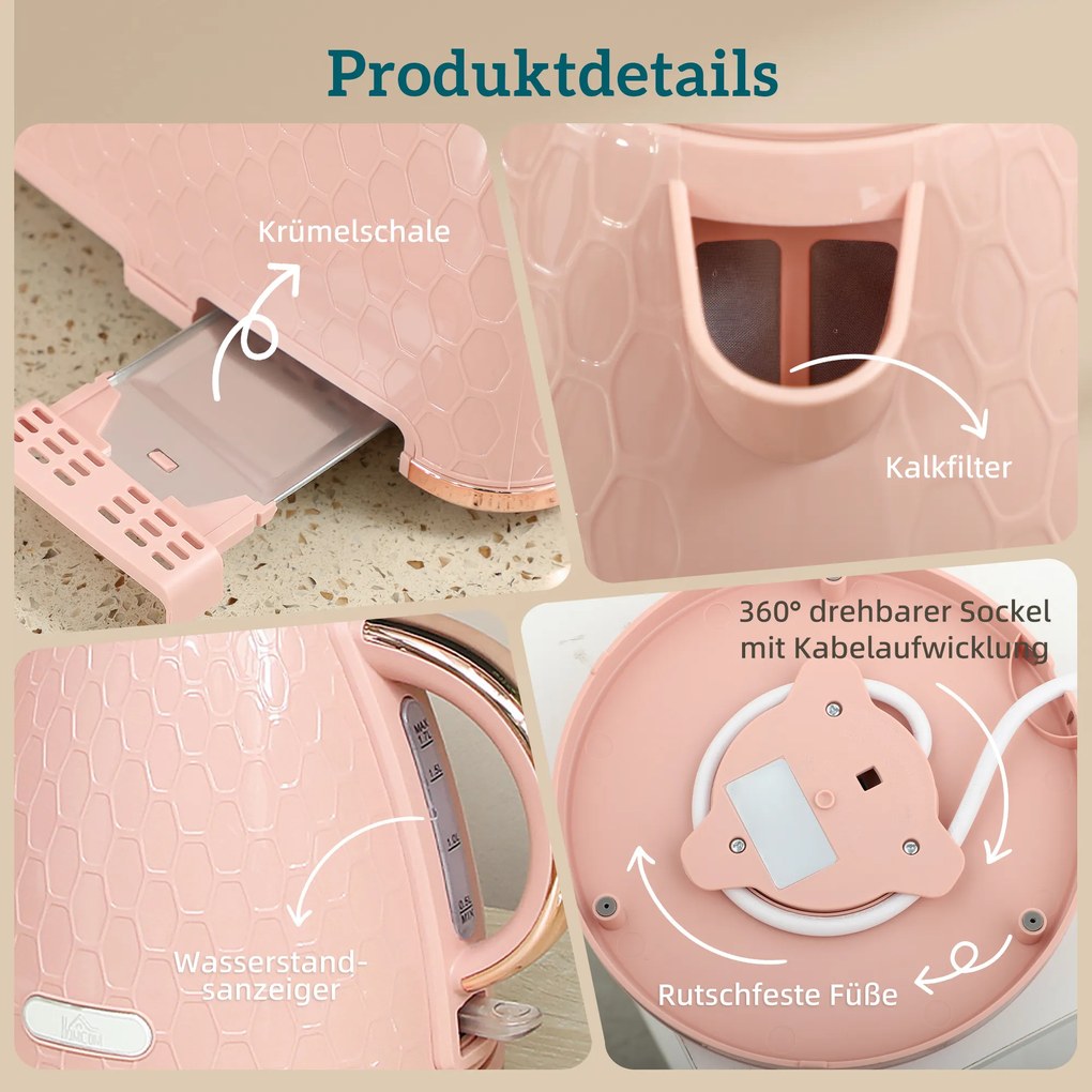 HOMCOM Set fierbător și prăjitor, fierbător rapid 1,7 L 2200 W cu oprire automată și prăjitor pentru 2 felii cu tavă pentru firimituri, Roz | Aosom Romania