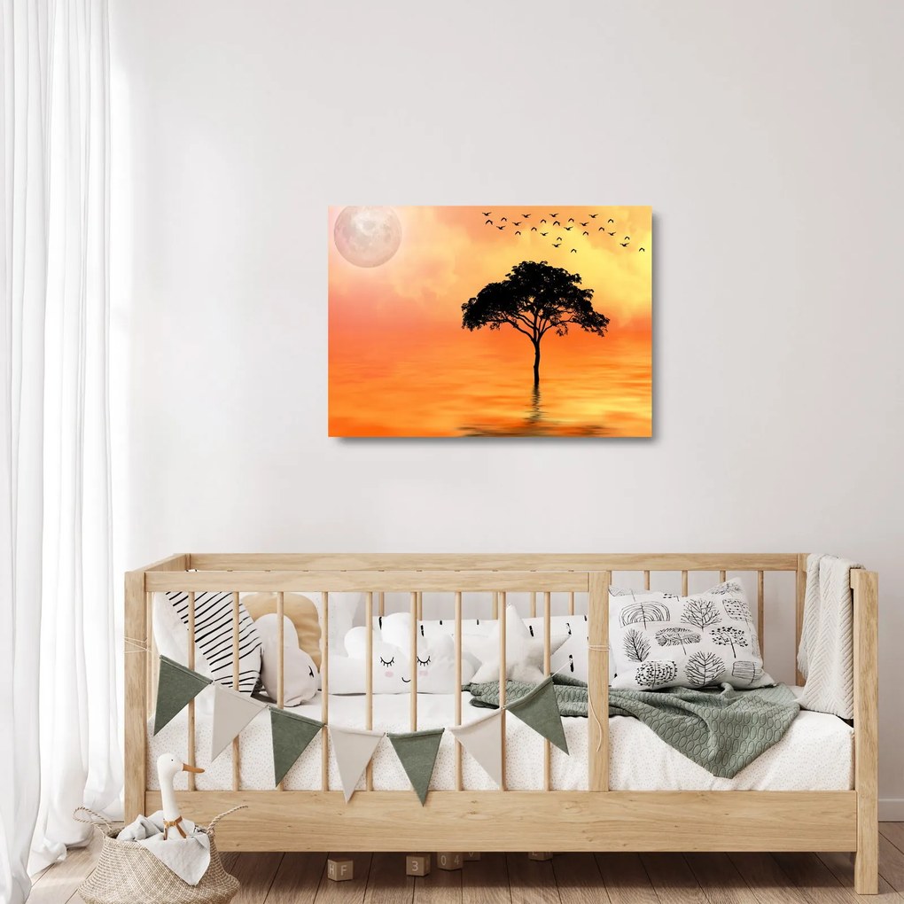 Tablou pe sticlă cu copac în apus de soare (70x50 cm)