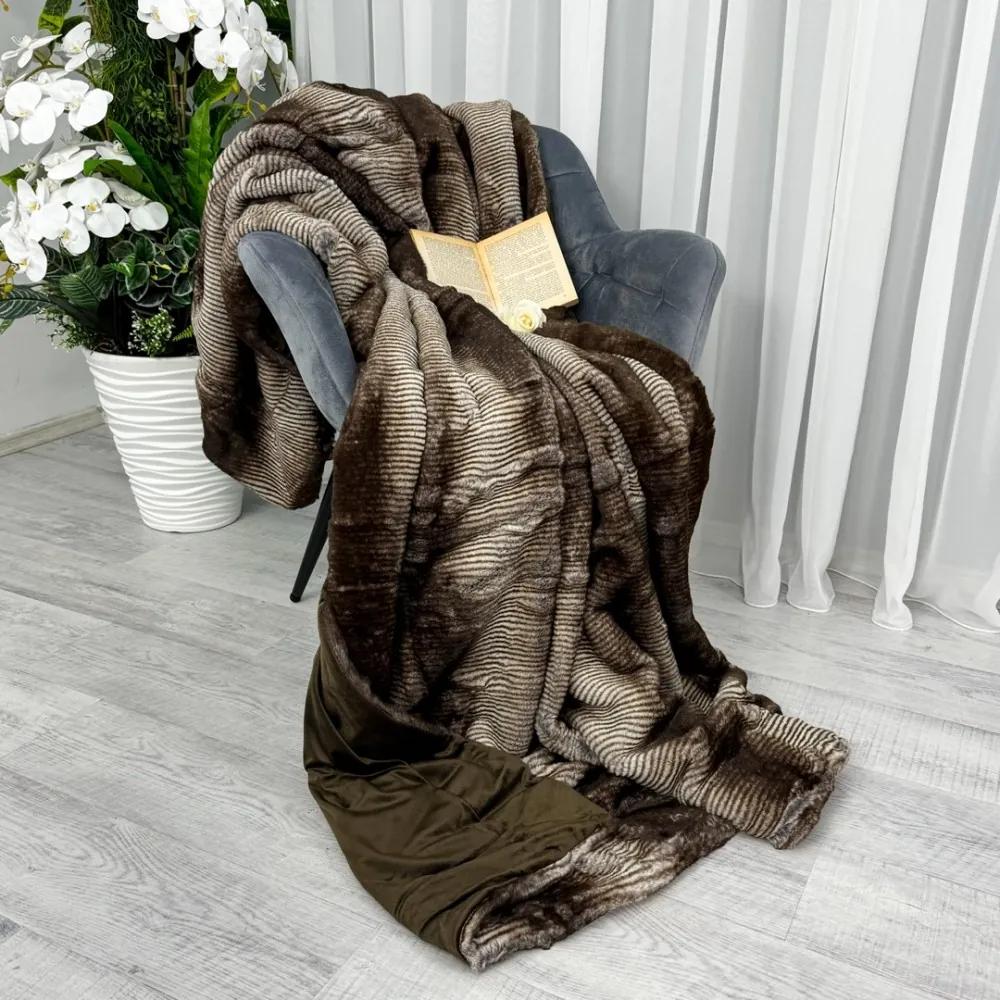 Pătură cu blăniță artificiala Luxury Furr 160x220cm - Maro cu Alb  dungi