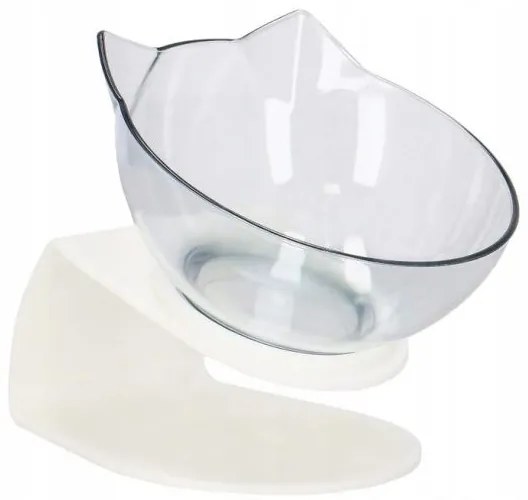 Castron, bol, pentru caine, pisica, cu suport, plastic, alb, model pisica, 13 cm