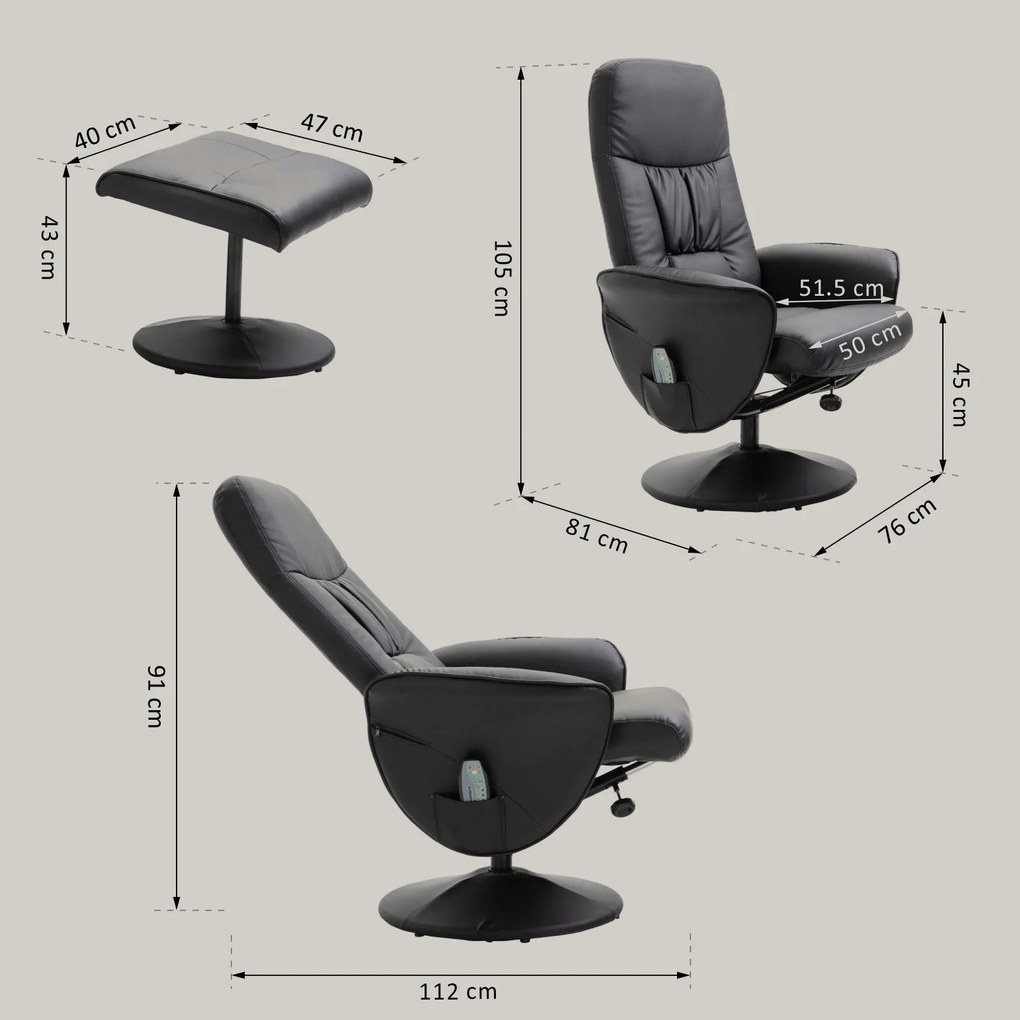 HOMCOM Fotoliu Relaxant cu Suport pentru Picioare, Reclinabil 145° cu Șezut Rotativ, cu 10 Puncte de Masaj, Negru | Aosom Romania
