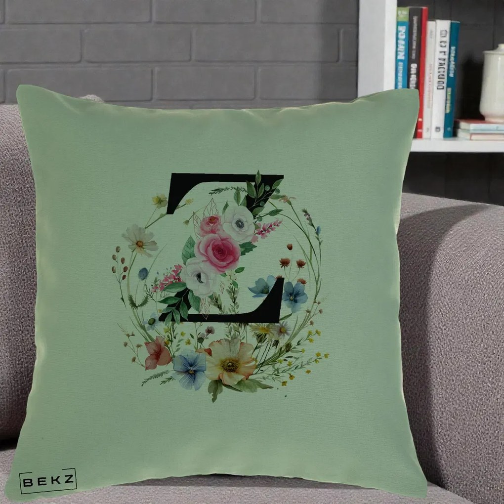 Cadou Personalizat - Perna Personalizata Monograma Florala Litera Z cu Coroana, 40x40 cm, Verde, Husa Detasabila, Perna Inclusa, BEKZ®