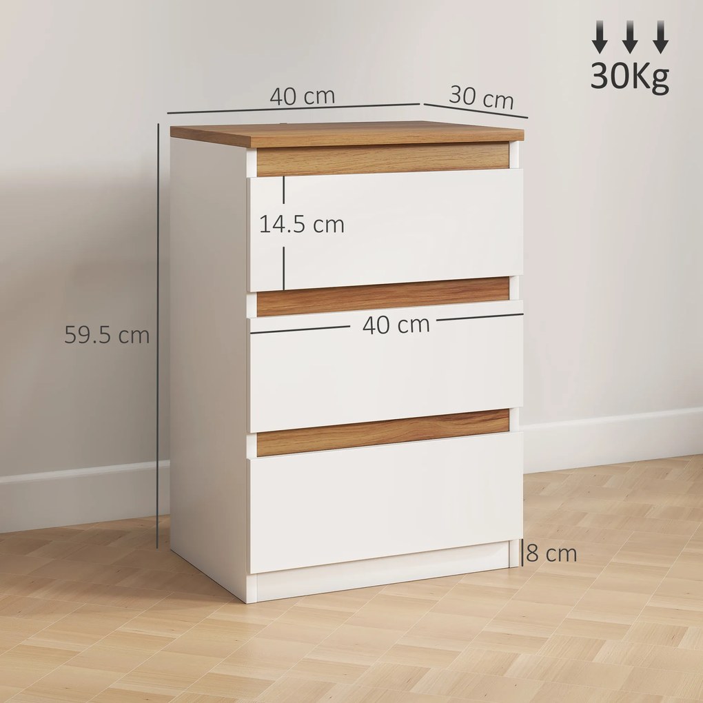 HOMCOM Set de 2 Mesite de Noapte Înguste de 3 Sertare Comode pentru Sufragerie Hol 40x30x59,5 cm Alb | Aosom Romania