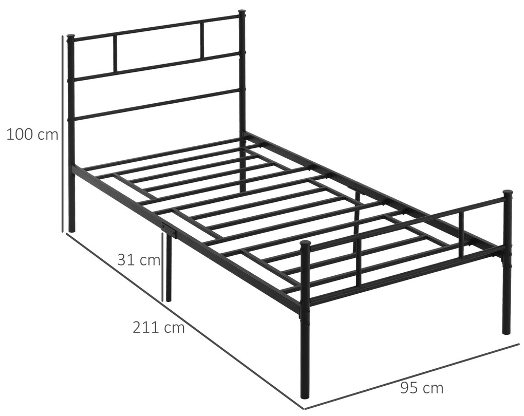 Cadru de Pat de o Persoana HOMCOM 90x200cm din Otel, Sipci Integrate, Negru | Aosom Romania