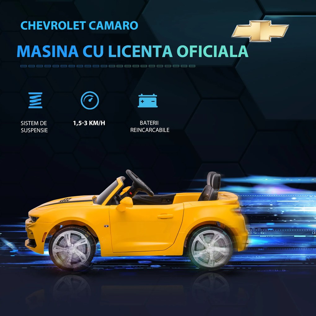 HOMCOM Masina Chevy Camaro cu licenta 12V, alimentata cu baterii, telecomanda, masina electrica pentru copii, motor dublu, galben | AOSOM RO