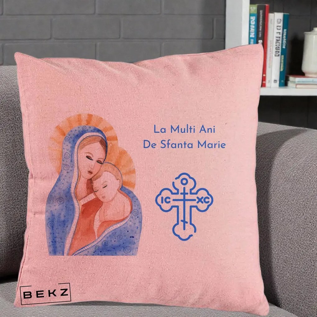 Cadou de Onomastica - Perna Personalizata Sfanta Marie Icoana Acuarela, 40x40 cm, Roz, Husa Detasabila, Perna Inclusa, BEKZ®