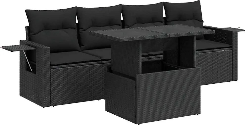 vidaXL Set mobilier de grădină cu perne, 5 piese, negru, poliratan