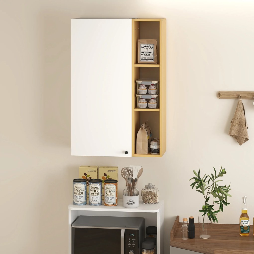 HOMCOM Dulap de Baie Suspendat cu Uși Soft Close, Dulap de Baie Suspendat cu Rafturi Reglabile și 3 Rafturi Deschise, 59.5x30x90 cm, Alb și Culoare Lemn | Aosom Romania