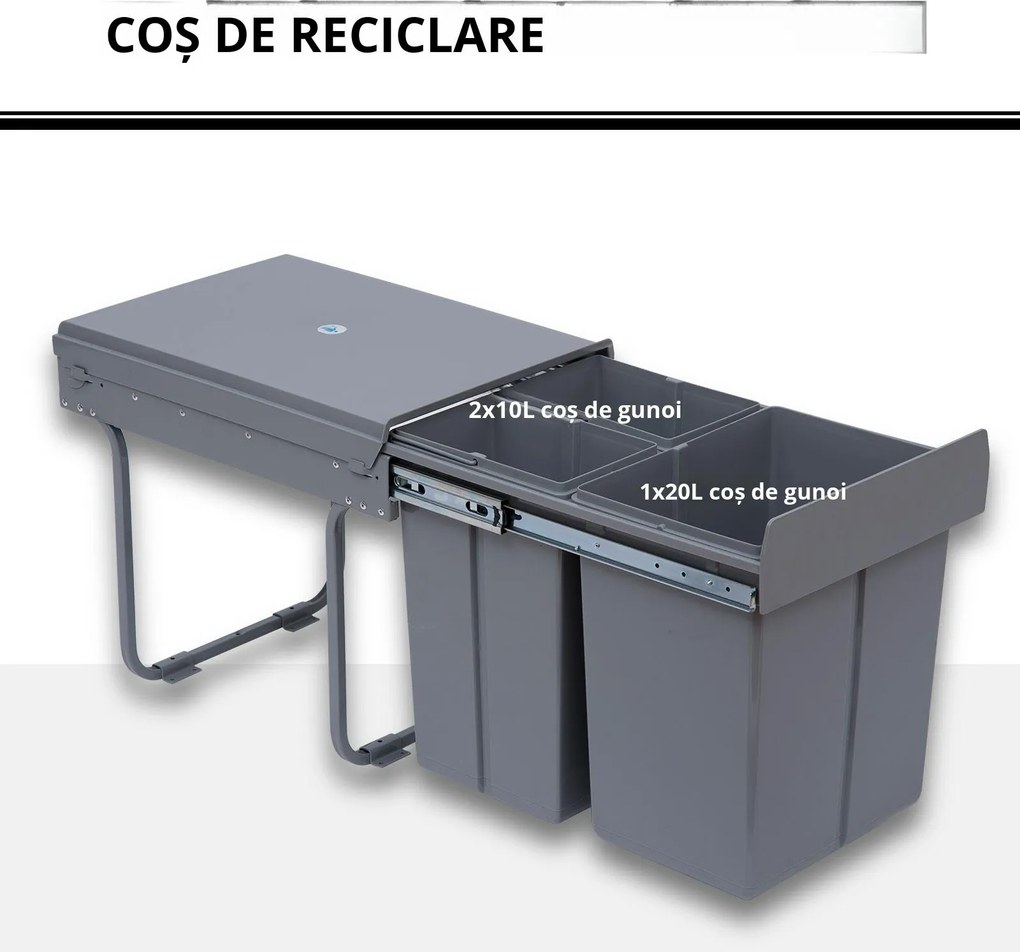 Homcom Cos Gunoi Ecologic 40L – 3 Compartimente Separate, Gri | Aosom Romania