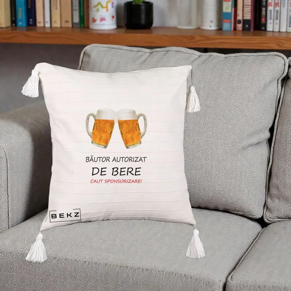 Perna Decorativa Bautor Autorizat de Bere, 40x40 cm, Bej cu Franjuri, Husa Detasabila, Perna Inclusa, BEKZ®