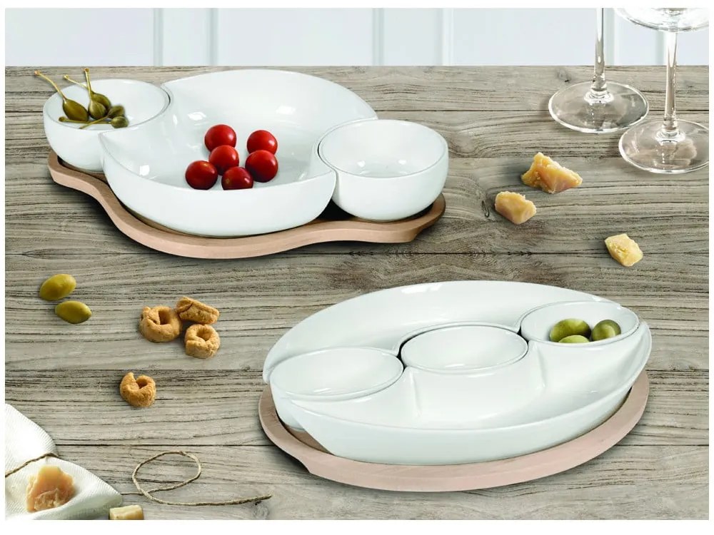 Set 5 boluri din porțelan pentru servire și platou din bambus Brandani Plait, alb