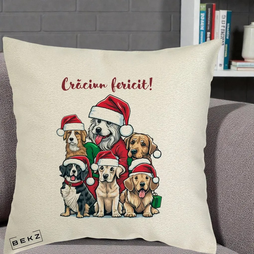 Perna Decorativa Caini cu Bonete Craciun Fericit, 40x40 cm, Ecru, Husa Detasabila, Perna Inclusa, BEKZ®