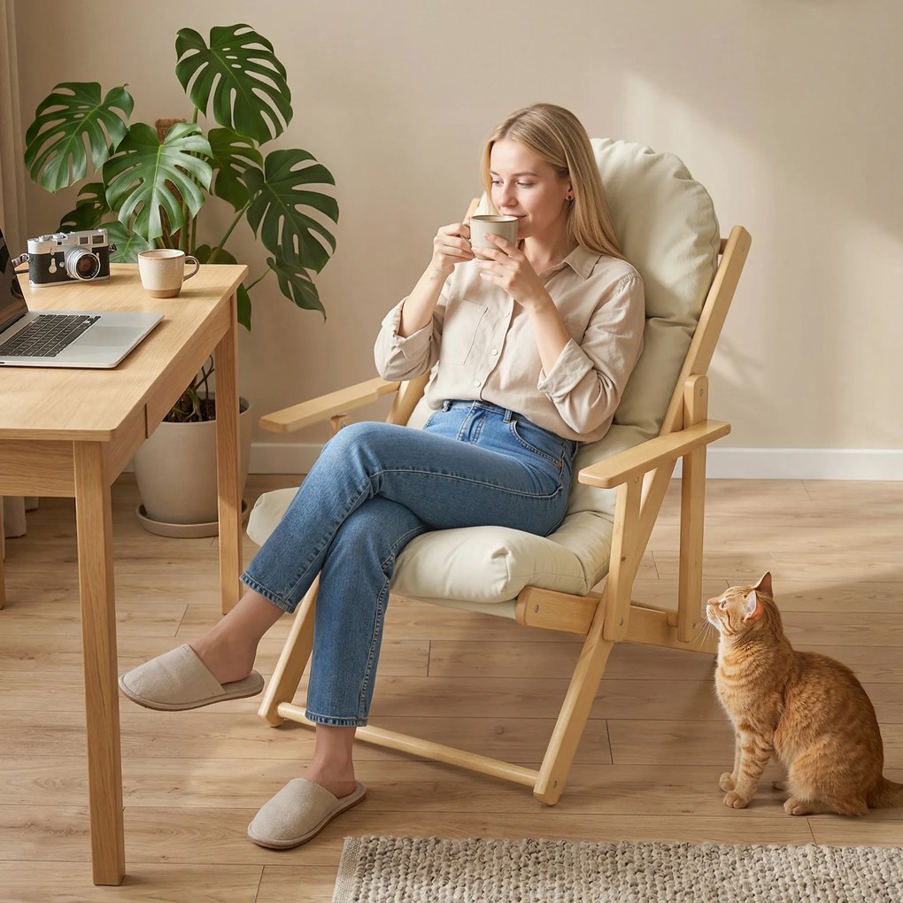 HOMCOM Fotoliu pliant și înclinat din lemn, fotoliu relaxant confortabil cu pernă capitonată groasă | Aosom Romania