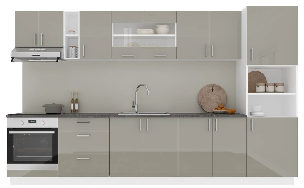 Set Bucatarie Karo V31, Gri Lucios/Alb, MDF, Blat Thermo 28 mm, L 340 cm