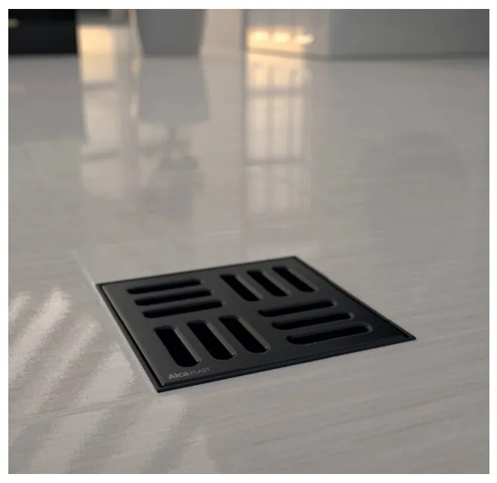 Sifon pardoseala Alca 105 x 105/50 cu iesire laterala si inaltator APV31 negru mat