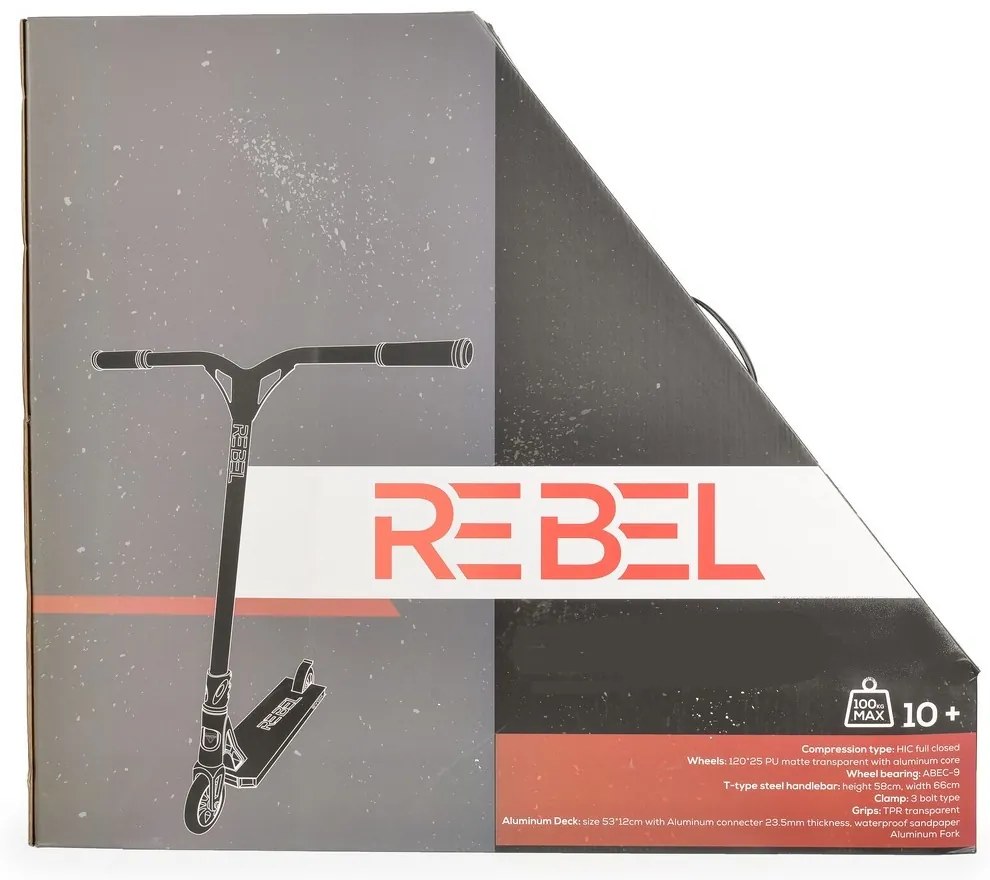 Trotineta Freestyle NOVOKIDS™ Rebel Stunter PRO, Maner 67 cm latime, Max 100 kg, Frana picior, Cadru si roti aluminiu, Diametru roata 120 mm, Rosu