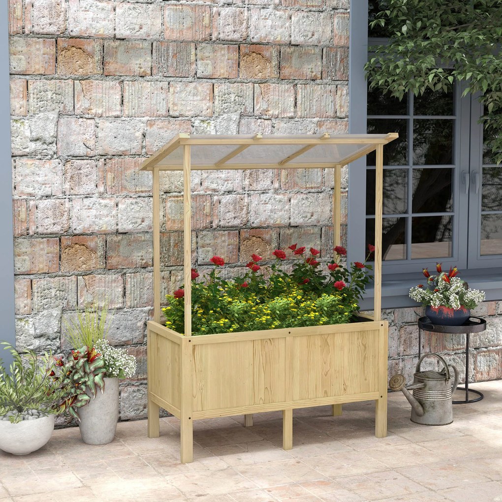 Outsunny Jardinieră înălțată cu acoperiș, orificii de drenaj, căptușeală din material nețesut, rezistentă la intemperii, lemn de brad, 110x60x152 cm | Aosom Romania