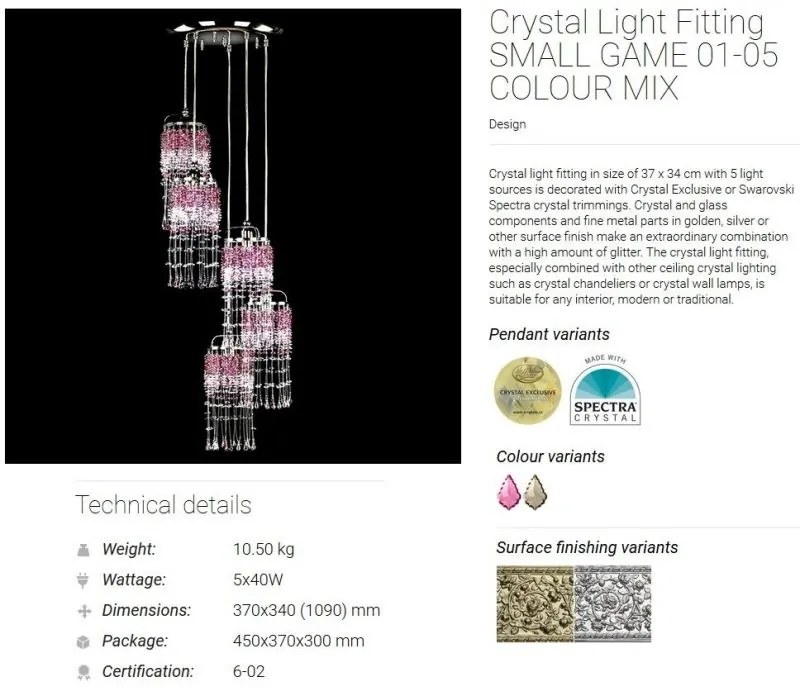 Lustra cu 5 pendule Cristal Bohemia Exclusive SMALL GAME 01-05 COLOUR MIX