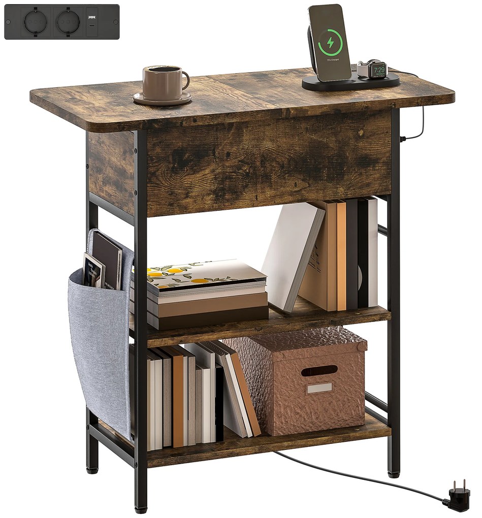 HOMCOM Măsuță de cafea măsuță de cafea cu stație de încărcare și buzunar de depozitare, 60 x 29,8 x 58,5 cm, brun rustic | Aosom Romania