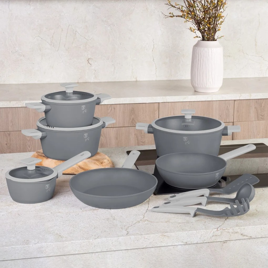 Set oale si tigai cu capace, 15 piese Aspen Berlinger Haus BH 8245, antiaderente, gri, design modern