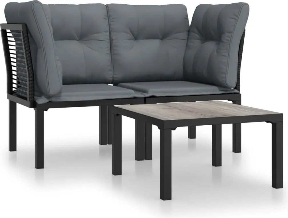 vidaXL Set mobilier de grădină cu perne, 3 piese, negru/gri, poliratan