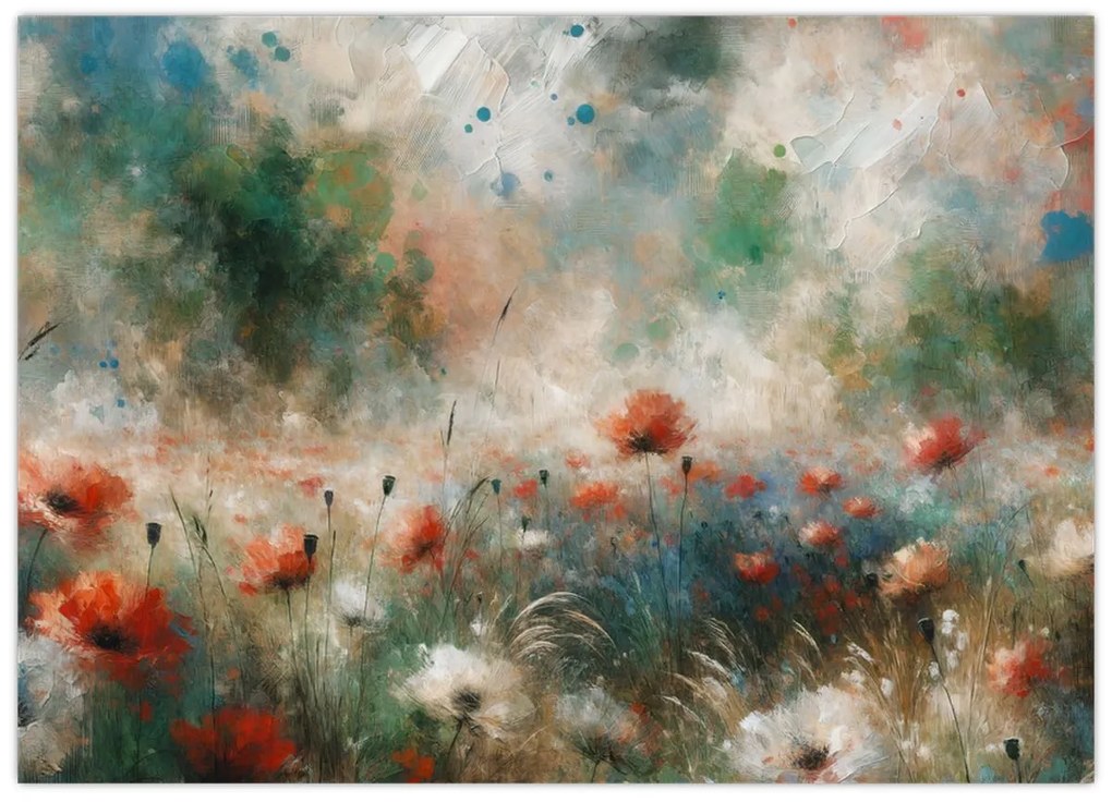 Tablou pe sticlă – Abstracție de câmp cu maci (70x50 cm)