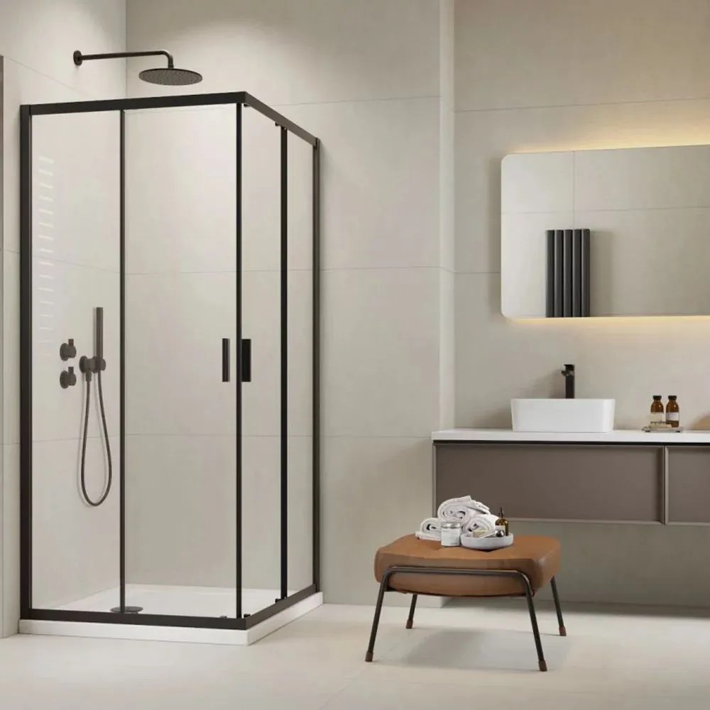 Pachet cabina de dus Alienta Black D 80x100 cm, cadita pentru dus Laros D Compact alb si sifon cadita negru