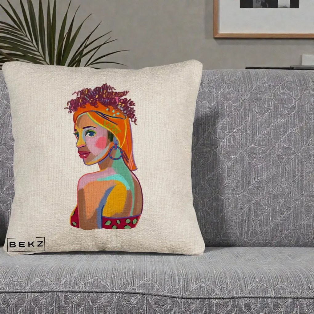 Perna decorativa Portret Femeie Colorat Pop Art, 40x40 cm cu Umplutura, Bej Canapea, BEKZ