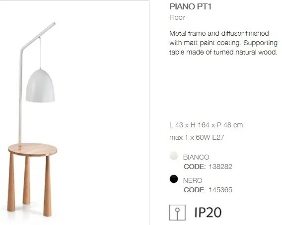 Lampadar cu suport din lemn, masuta cu 3 picioare PIANO PT1 BIANCO 138282
