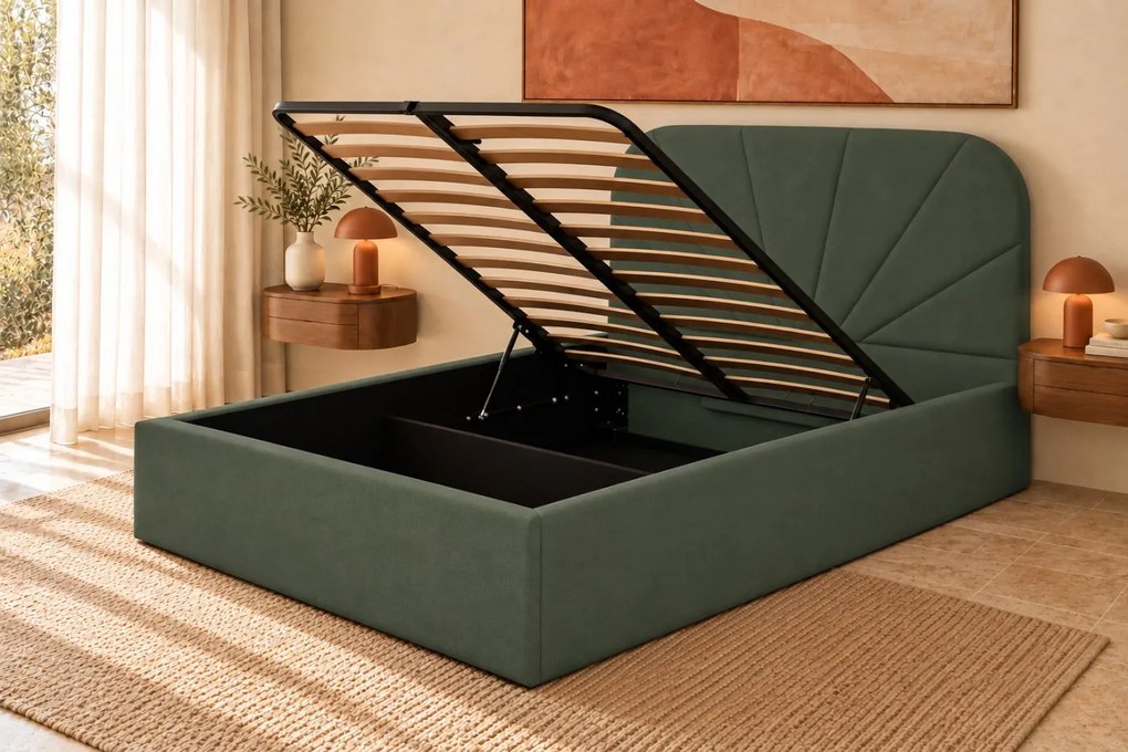 Pat tapițat Ravello 140×200 cm, verde, cu ladă de depozitare