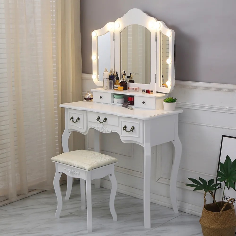 Set Elisabeta, Masă de toaletă cu 3 oglinzi iluminate LED, control touch, 5 sertare, scaun, Alb,