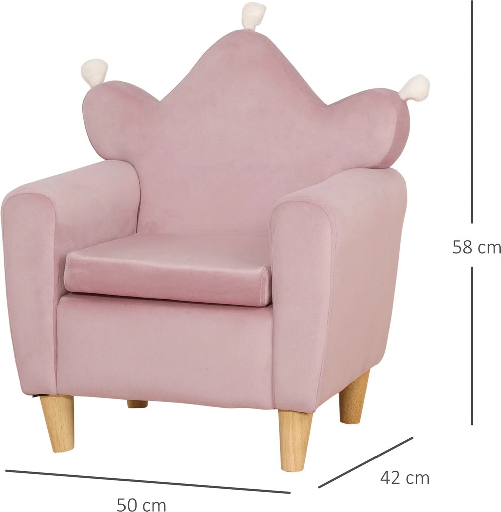 HOMCOM Fotoliu pentru Copii din Material Textil cu Efect de Catifea Roz, cu Spătar în Formă de Coroană, 50.2x41.9x57.8 cm | Aosom Romania