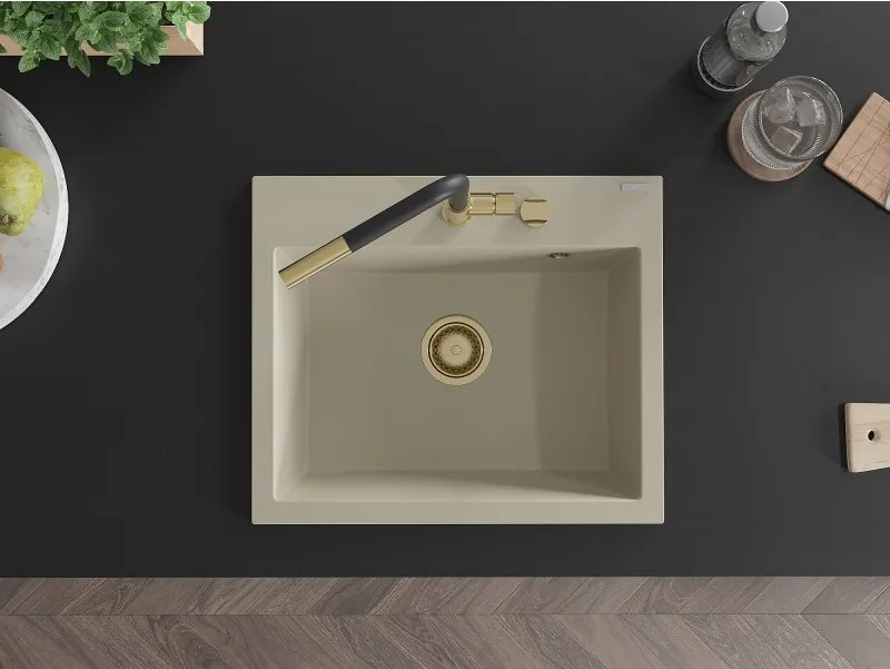 Mexen Oscar chiuvetă granit 1-cu-vadru 580 x 490 mm, bej, sifon auriu - 6519581000-69-G