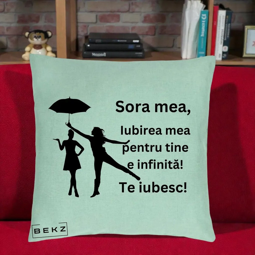 Cadou pentru Sora - Perna Personalizata Sora Mea Te Iubesc Siluete Negre cu Umbrela, 40x40 cm, Verde Menta, Husa Detasabila, Perna Inclusa, BEKZ®