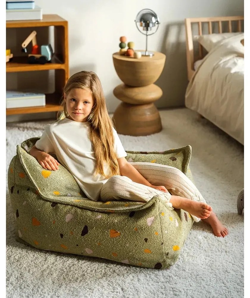 Fotoliu puf pentru copii verde cu tapițerie din țesătură bouclé/cu tapițerie din chenille Terrazzo Chair – Wigiwama