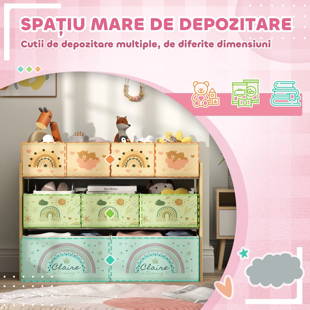 AIYAPLAY Etajeră Depozitare Jucării cu 3 Niveluri și 9 Cutii de Țesătură, Mobilier Depozitare Jucării, 93x30x70 cm, Galben | Aosom Romania