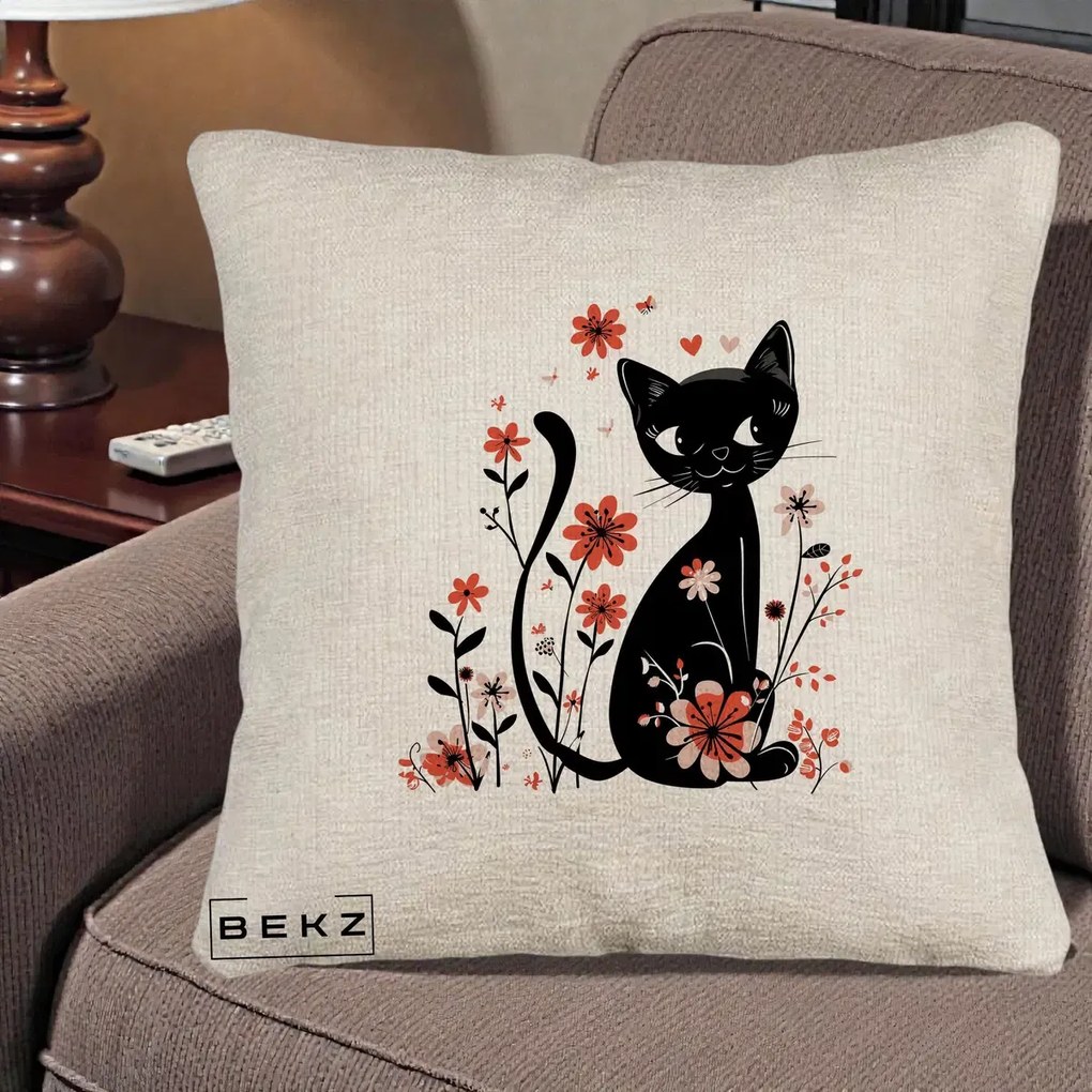 Perna Decorativa Pisica Neagra Flori Roz si Inimi, 40x40 cm, Bej Canapea, Husa Detasabila, Perna Inclusa, BEKZ®