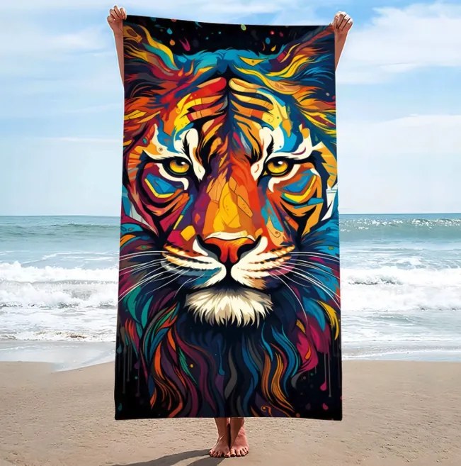 Prosop de plajă tigru colorat - motiv exotic, uscare rapidă 100x180 cm