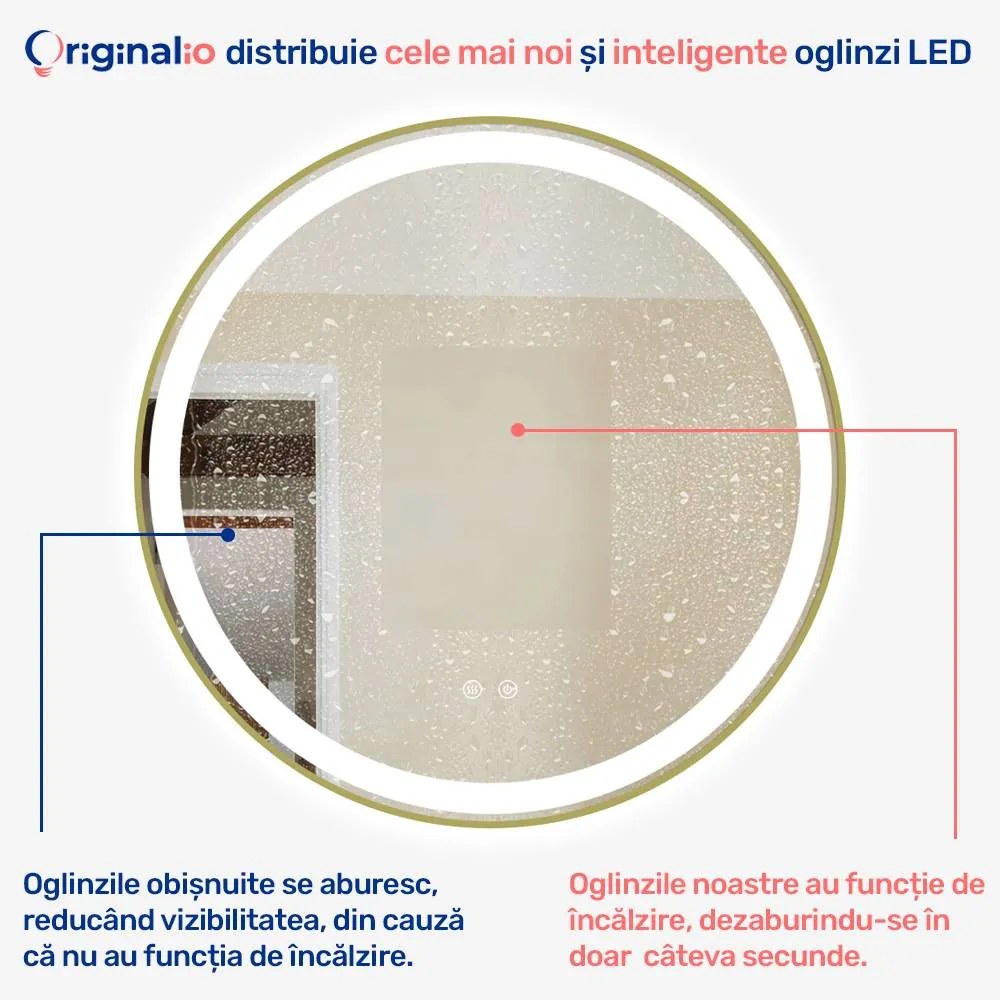 Oglindă LED Rotundă (Diametru 70 cm), 3 Moduri Iluminare (Lumină Rece, Naturală, Caldă), Intensitate Reglabilă, Funcție Dezaburire, Ramă Aluminiu, Control Tactil (Touch)