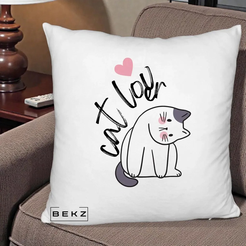 Perna Personalizata Cat Lover Pisica Ilustratie Linie, 40x40 cm, Alb Pufos, Husa Detasabila, Perna Inclusa, BEKZ®