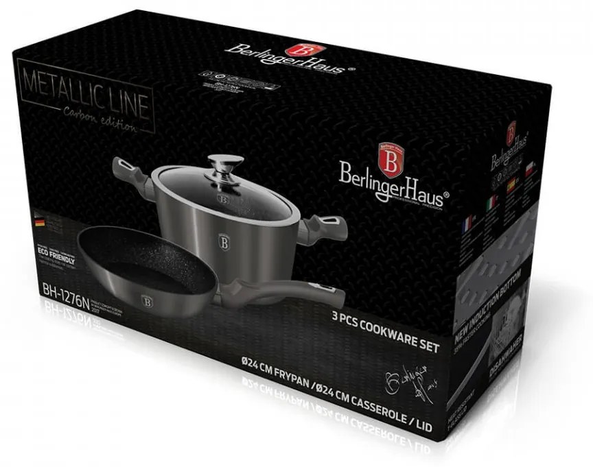Set oala cu capac si tigaie marmorate (3 piese) din aluminiu forjat Carbon Metalic Line Berlinger Haus BH 1276N